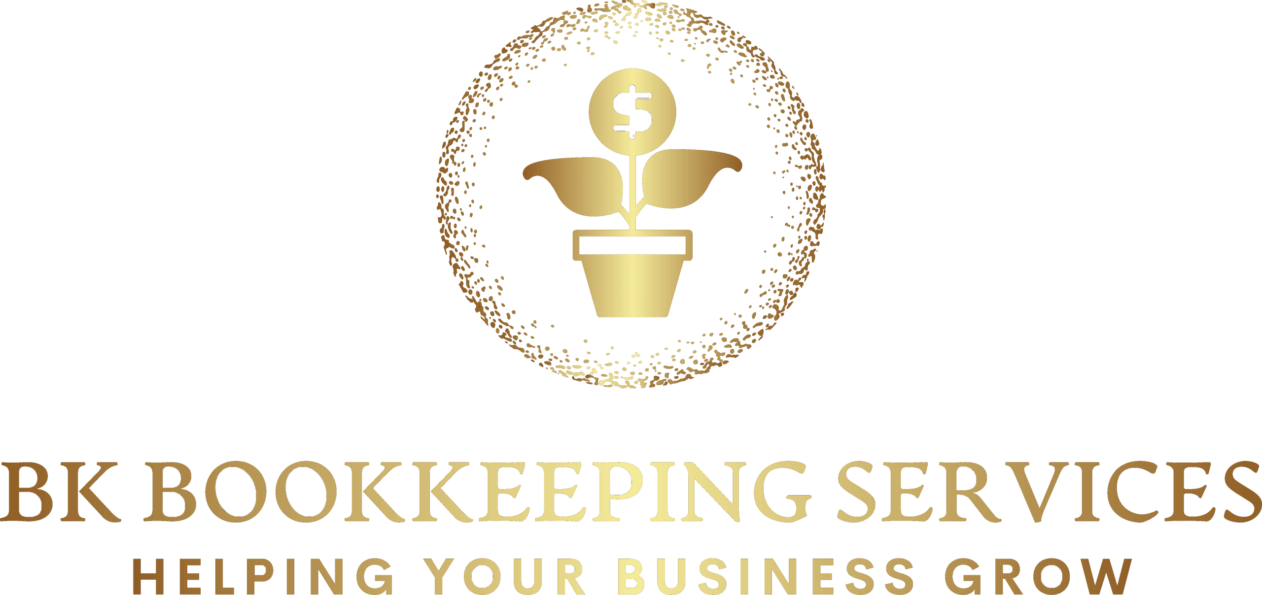 Gold logo for BK Bookkeeping Services with a plant growing from a pot and a dollar sign. Text below reads: “Helping your business grow.”.